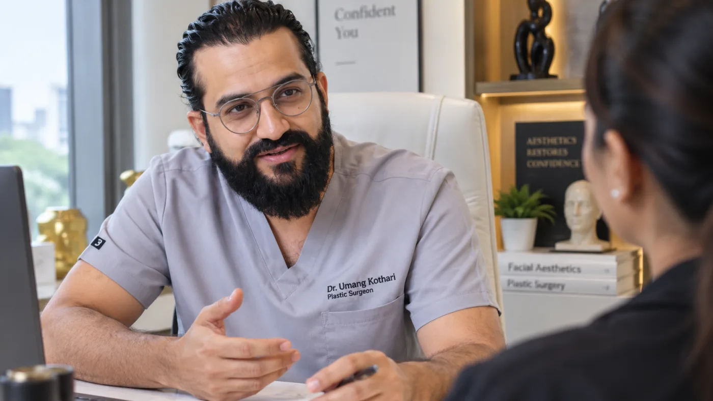 Board-certified plastic surgeon assessing a patient's neck and double chin area prior to a 1470nm laser micro-lift procedure.