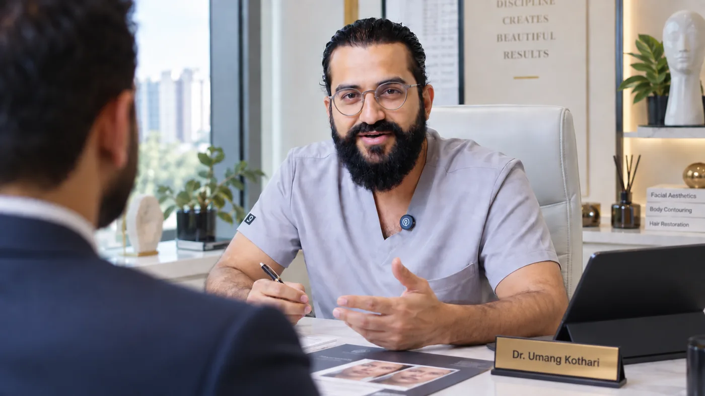 Dr. Umang Kothari discussing a personalized gynecomastia surgery plan with a male patient at The Hair & Shape Clinic in Mumbai.