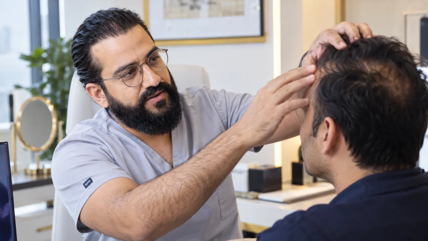 Dr. Umang Kothari smiling and consulting with a male hair transplant patient at The Hair & Shape Clinic in Mumbai.