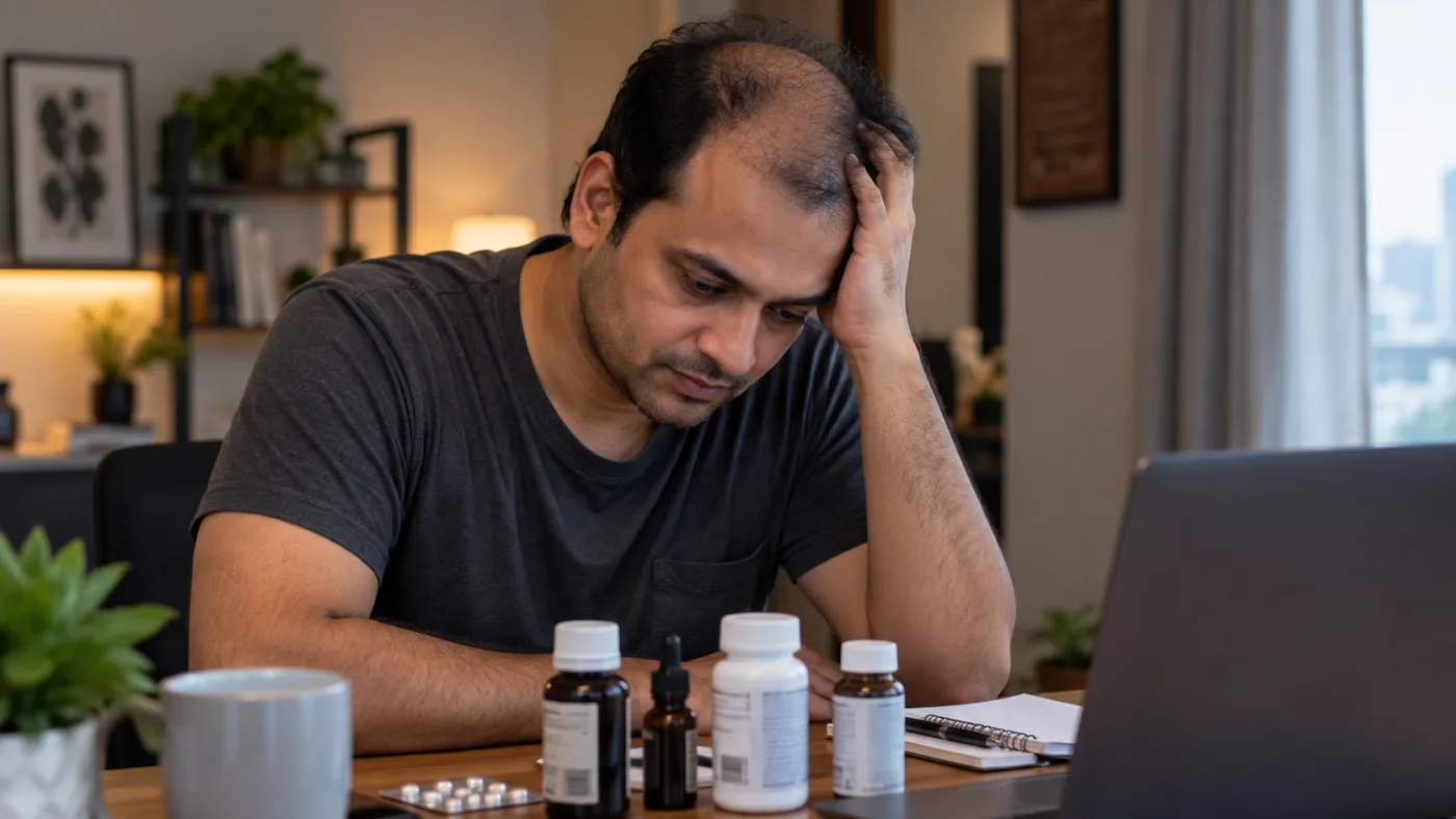 A frustrated young man with severe hair thinning sitting at his desk, exhausted by ineffective hair loss medicines, pills, and serums.
