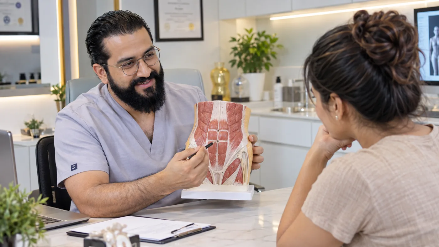 Dr. Umang Kothari explaining core muscle repair and diastasis recti using an anatomical model during a tummy tuck consultation with a female patient at The Hair & Shape Clinic in Mumbai.
