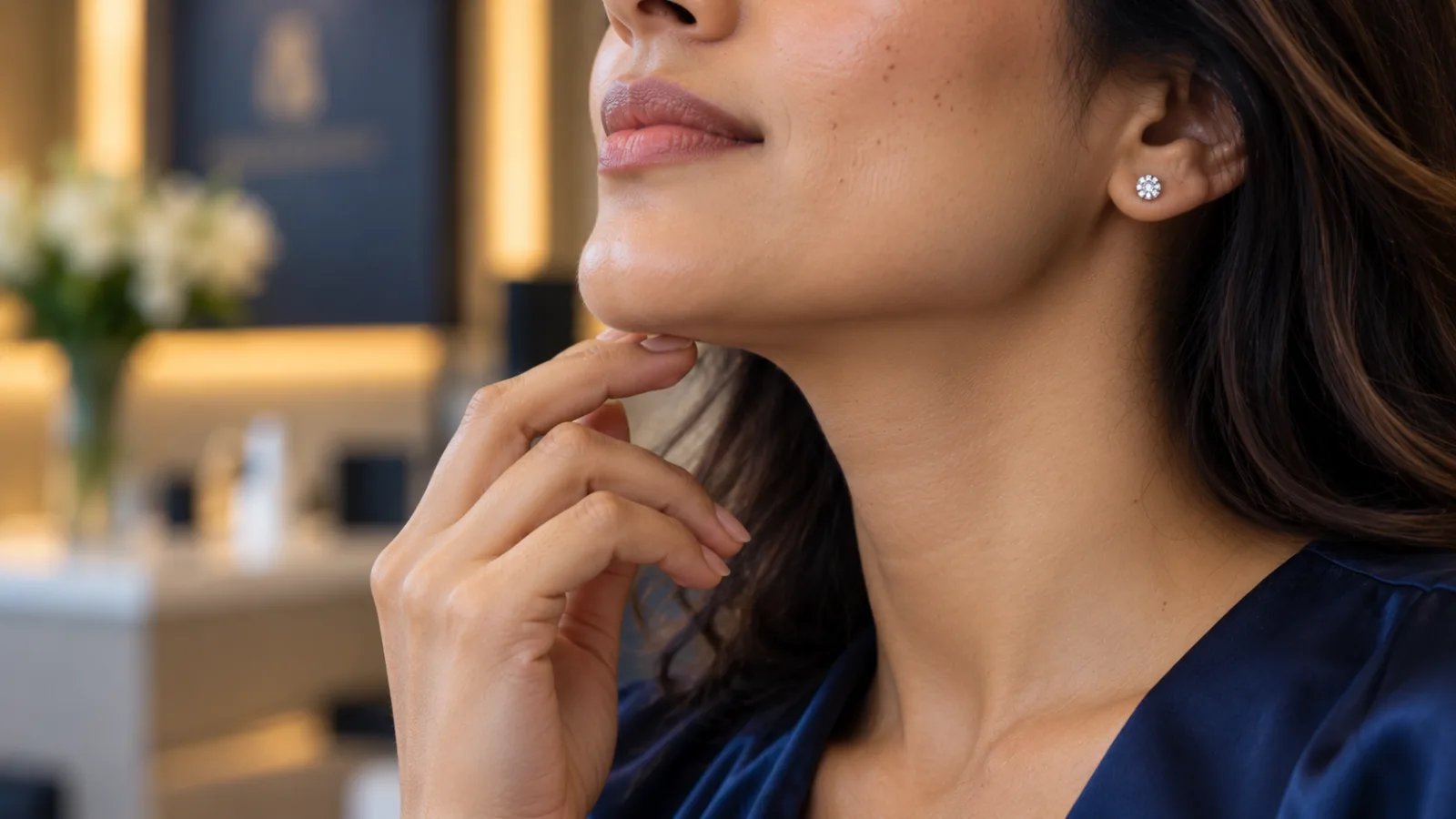 A close-up of a woman highlighting her beautifully contoured, sharp jawline and neck after double chin liposuction, set inside a luxury aesthetic clinic in Mumbai.