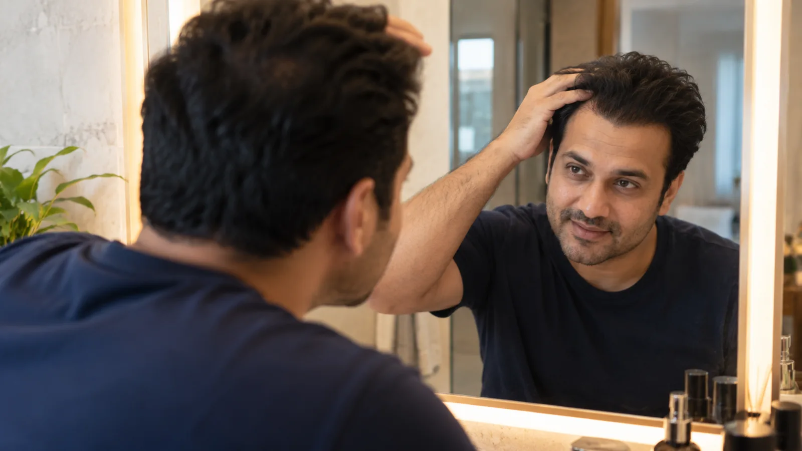A male patient examining his natural, dense hairline restoration in a mirror after a hair transplant procedure.
