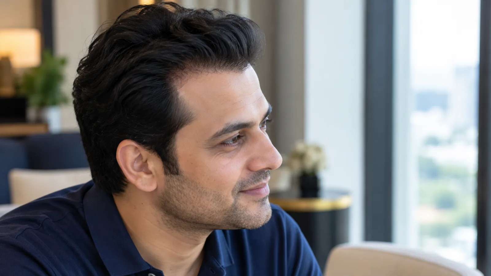 A confident young corporate professional looking out a window, showcasing a thick, natural hairline restoration after a successful 3200-graft hair transplant in Mumbai.