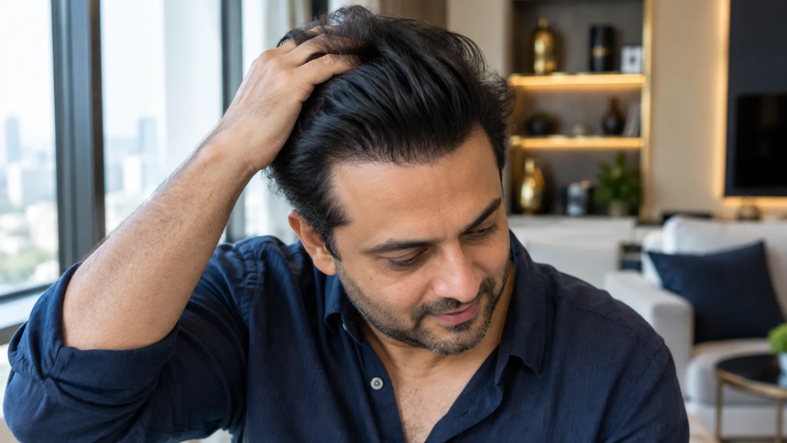 A confident professional running his hand through his thick, naturally restored hair, showcasing the dense results of a 5500-graft hair transplant in Mumbai.